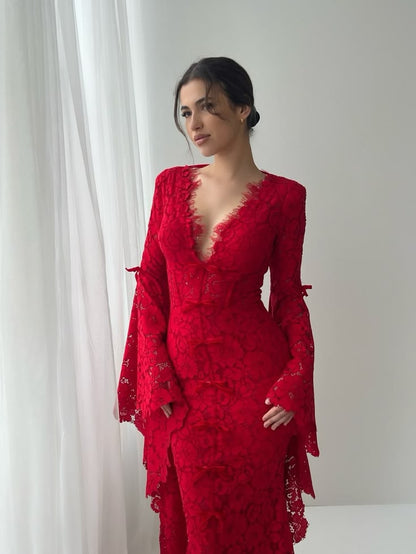 Sexy Mermaid Long Sleeve Red Lace Prom Dress Date Dress DP7009