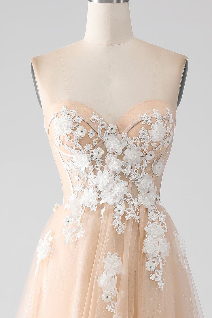 A Line Champagne Strapless Corset Tulle Prom Dress with Appliques DP1396