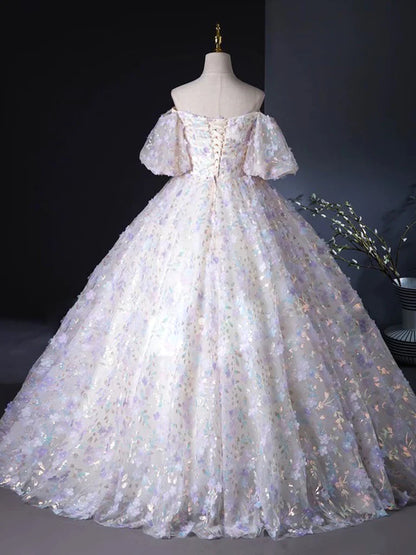 A Line Puff Sleeves Sweetheart Neck Appliques Tulle Long Prom Dress Ball Gown DP1059