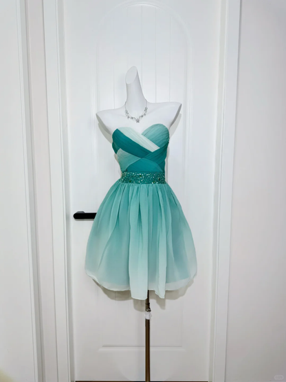 Vintage A Line Sweetheart Neck Beaded Lake Blue Ombre Chiffon Homecoming Dress Outfits DP5011