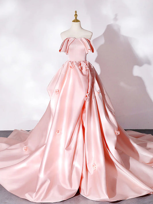Elegant Pink A Line Strapless Appliques Satin Evening Dress Prom Dress DP946