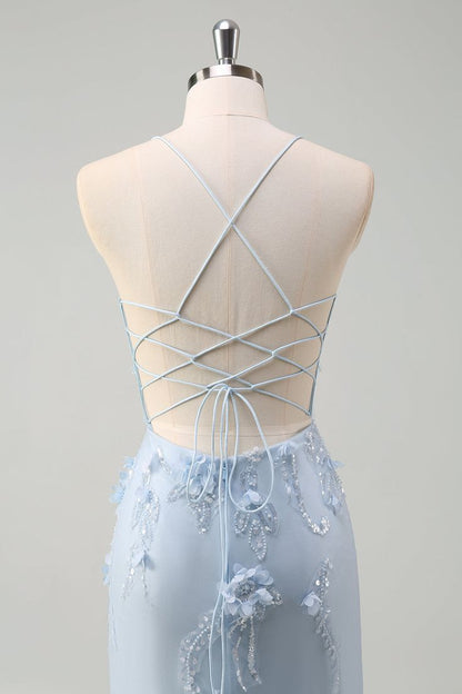 Sparkly Blue Mermaid 3D Flowers Satin Tulle Long Prom Dress Evening Dress DP1326