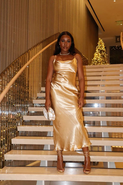 Golden Sheath Spaghetti Strap Satin Open Back Prom Dress Outfits DP3981