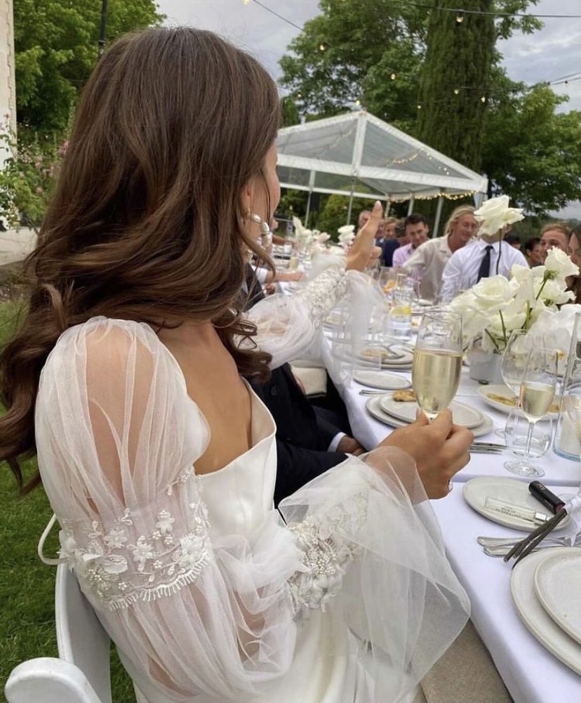 Charming A Line Long Sleeve Beaded White Tulle Satin Wedding Dress DP6845