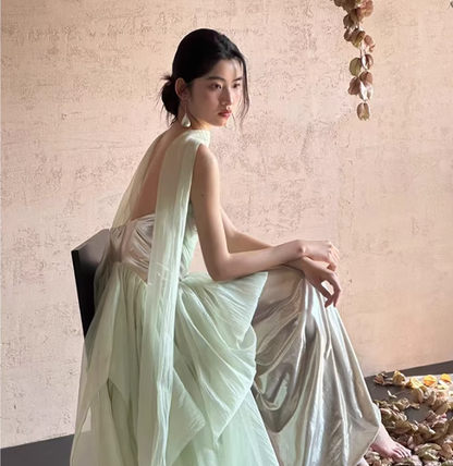 Sage Green A Line Strapless Pleated Chiffon Satin Prom Dress Evening Dress Formal Dress DP3157