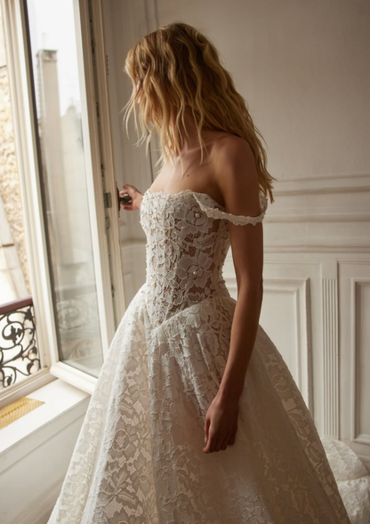 Princess Ball Gown Straps White Mini Pearls Lace Long Train Wedding Dress DP5831