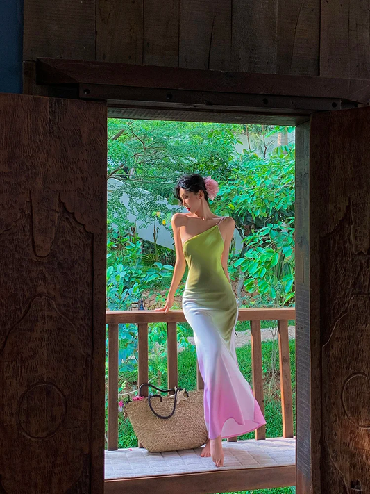Pink Green Ombre Sheath One Shoulder Satin Long Prom Dress Evening Dress DP3872