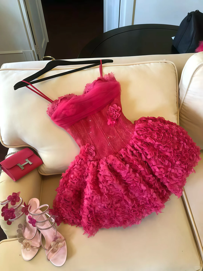 Hot Pink A Line Lace Floral Tulle Short Prom Dress Homecoming Dress DP6387