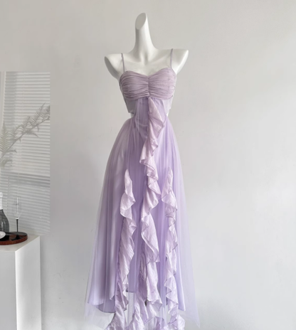 Purple A Line Halter Ruffle Tulle Vacation Dress Homecoming Dress Outfits DP3548