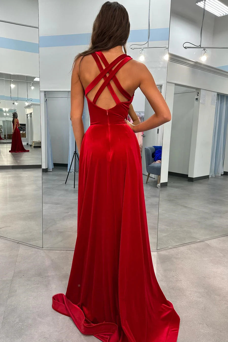 Sexy A Line V Neck Red Velvet Long Prom Dress Evening Dress with Slit DP1117