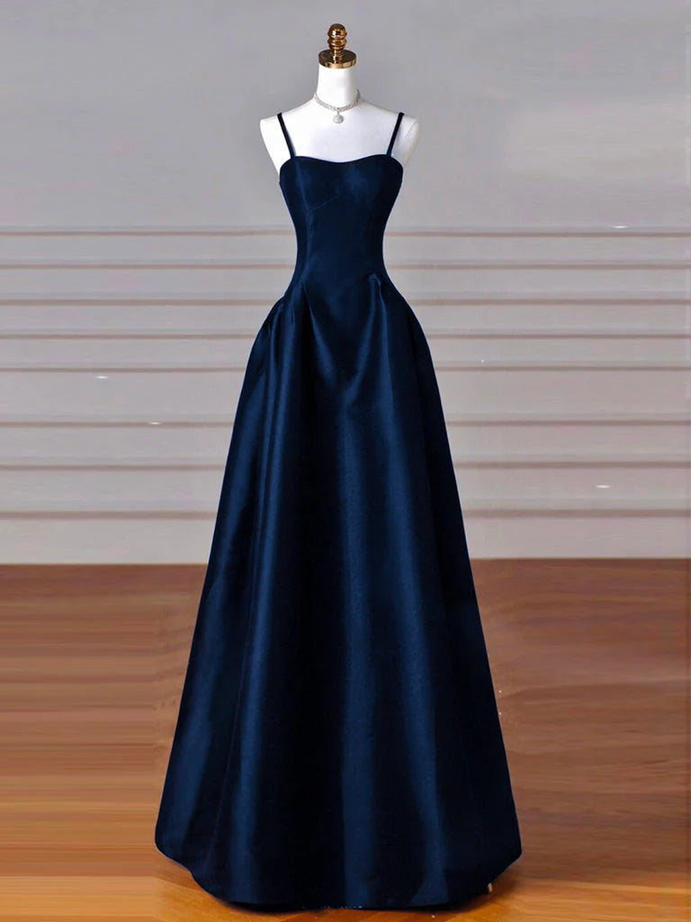 Simple A-Line Dark Blue Satin Long Prom Dress, Dark Blue Long Formal Dress DP3365