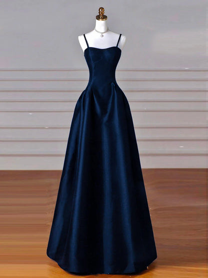 Simple A-Line Dark Blue Satin Long Prom Dress, Dark Blue Long Formal Dress DP3365