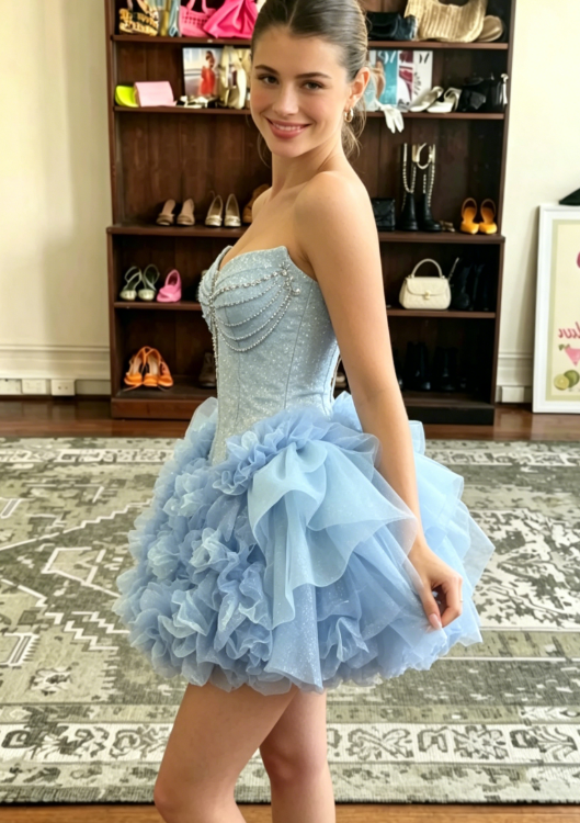 Gorgeous A Line Strapless Rhinestone Sequin Tulle Short Homecoming Dress Cocktail Dress DP2641