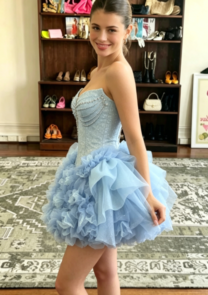 Gorgeous A Line Strapless Rhinestone Sequin Tulle Short Homecoming Dress Cocktail Dress DP2641