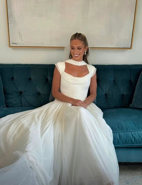 Ethereal Simple A Line Straps Pleated White Chiffon Prom Dress Wedding Dress DP7189