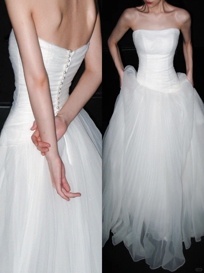 Simple Beautiful Ball Gown Strapless White Satin Tulle Long Wedding Dress DP6363