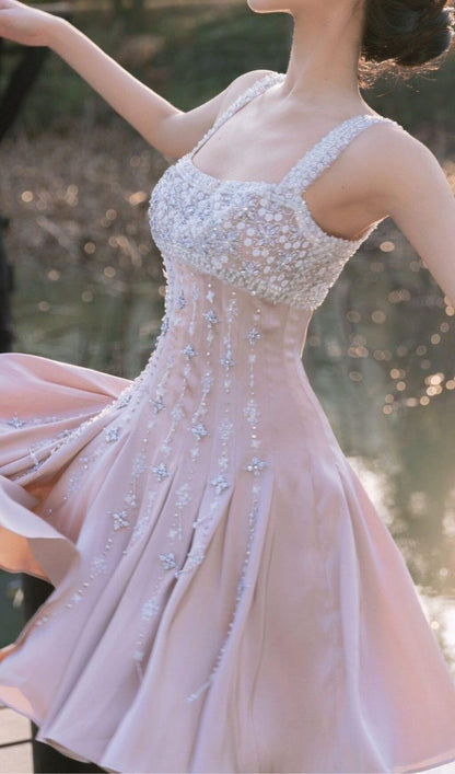 Gorgeous A Line Straps Beaded Rhinestone Pink Satin Short Homecoming Dress Birthday Dress DP2385