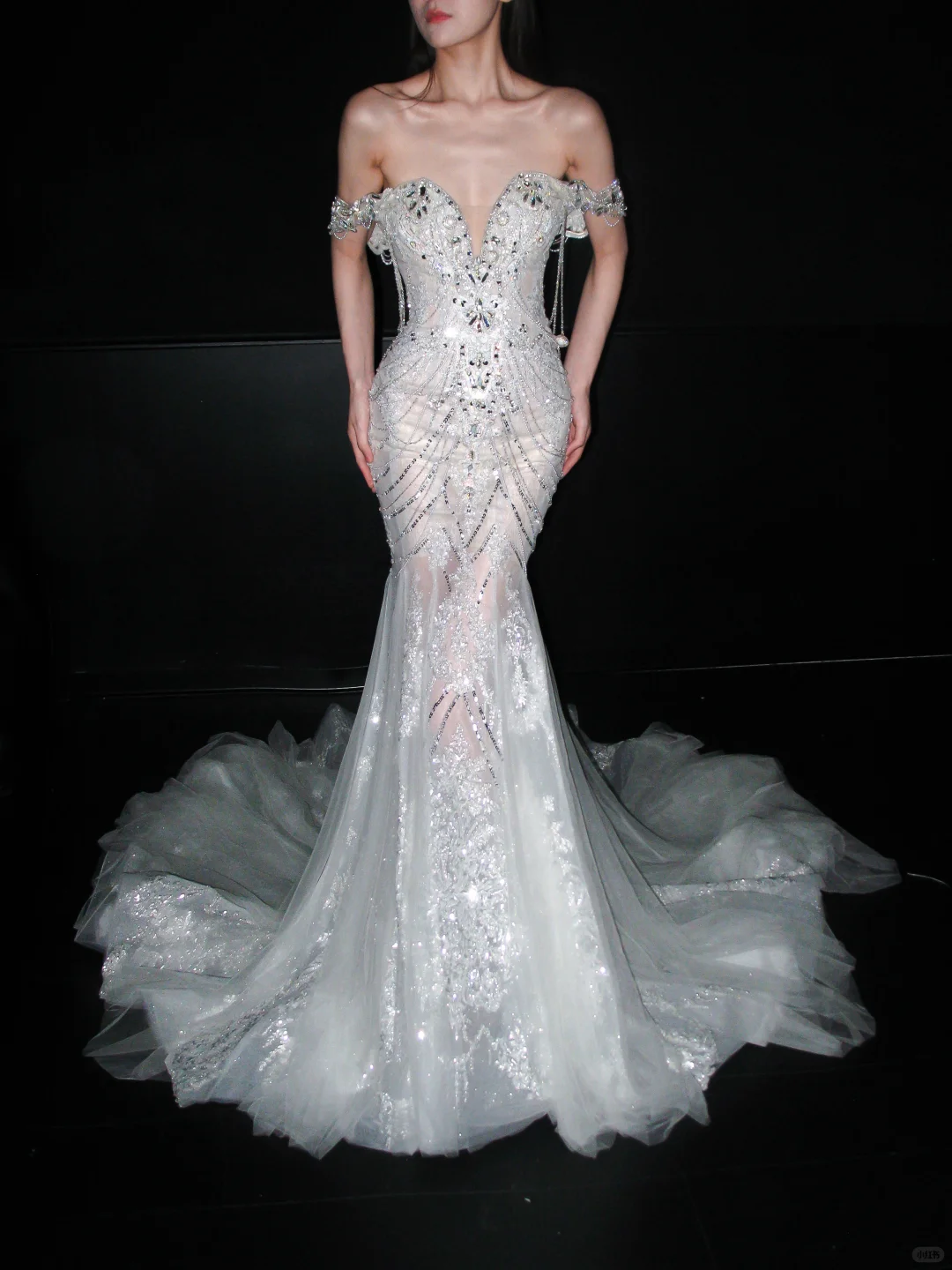 Glamorous Mermaid Off the Shoulder Shiny Rhinestone Tulle Long Train Wedding Dress DP8098