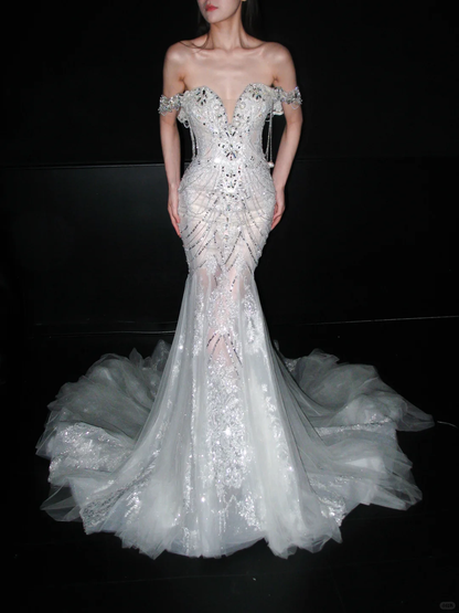 Glamorous Mermaid Off the Shoulder Shiny Rhinestone Tulle Long Train Wedding Dress DP8098