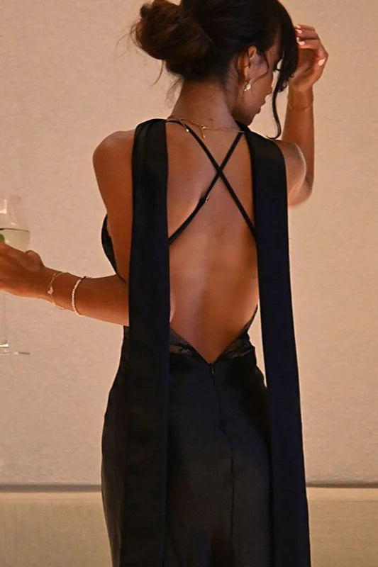 Sexy Black Sheath Spaghetti Straps Lace Satin Prom Dress Evening Dress DP5586