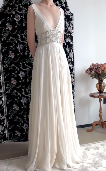 Gentle White A Line V Neck Beaded Chiffon Long Prom Dress Evening Dress DP5148