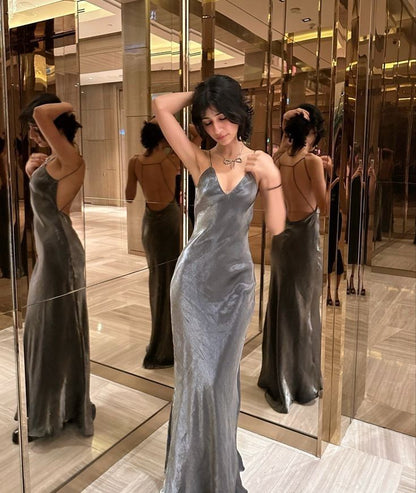 Grey Sexy Sheath Spaghetti Strap Satin Open Back Prom Dress DP4240