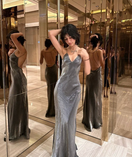 Grey Sexy Sheath Spaghetti Strap Satin Open Back Prom Dress DP4240