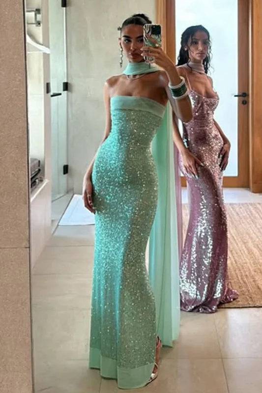 Shiny Green Sequin SHeath Strapless Prom Dress Party Evening Dress DP5379