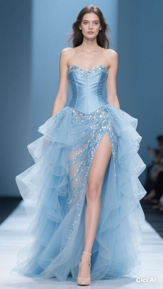 Blue A Line Sweetheart Neck Beaded Layered Tulle Satin Long Prom Dress Party Dress DP3748