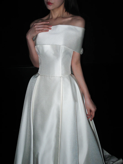 Vintage A Line Off the Shoulder White Simple Satin Long Wedding Dress DP8124