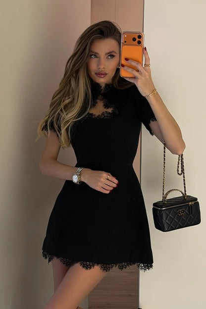 High-class A Line Black Lace Satin Short Prom Dress Homecoming Dress DP7419