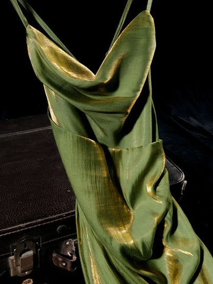 Charming A Line Spaghetti Strap Green Satin Prom Dress Evening Dress DP1711