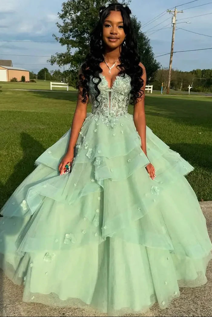Princess Green A Line Straps Appliques Ruffle Tulle Evening Dress Prom Dress DP7659
