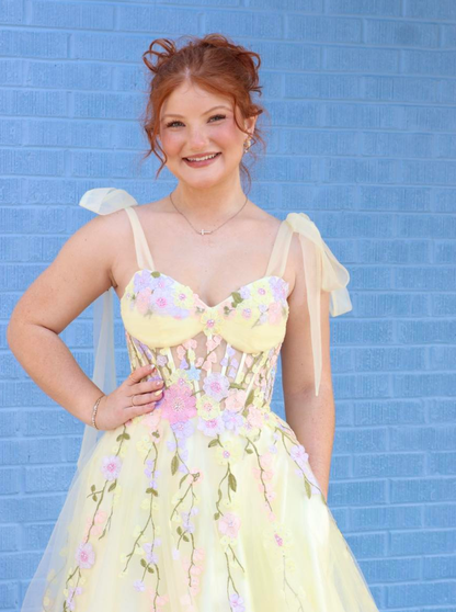 Light Yellow A Line Colorful Appliques Tulle Prom Dress Party Evening Dress DP6286