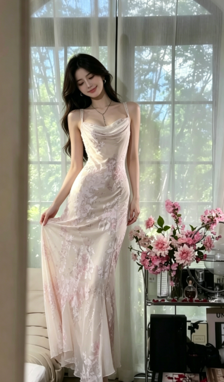 Beige Elegant Sheath Print Floral Chiffon Long Prom Dress Graduation Prom Dress DP4945