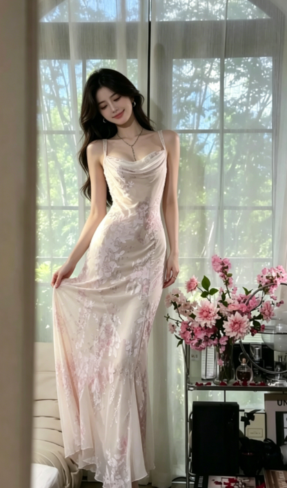 Beige Elegant Sheath Print Floral Chiffon Long Prom Dress Graduation Prom Dress DP4945