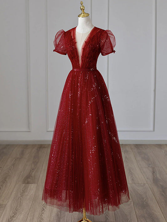 V Neck Sequin Burgundy Tulle Tea Length Prom Dress Evening Dress DP1042