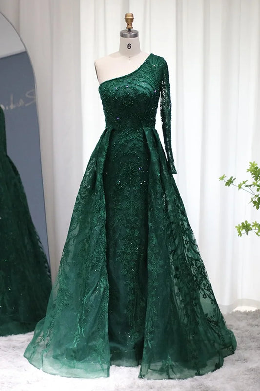 One Shoulder Long Sleeves Appliques Beaded Tulle Prom Dress DP821