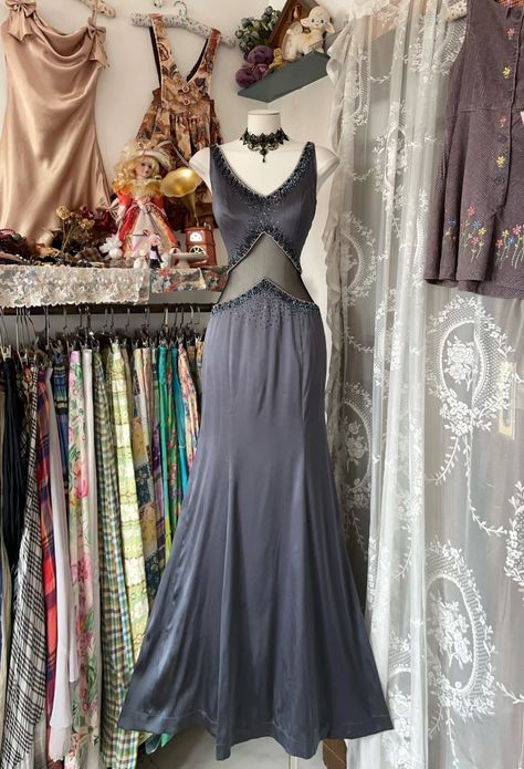 Vintage Grey Mermaid V Neck Beaded Satin Long Prom Dress Wedding Guest Dress DP4079
