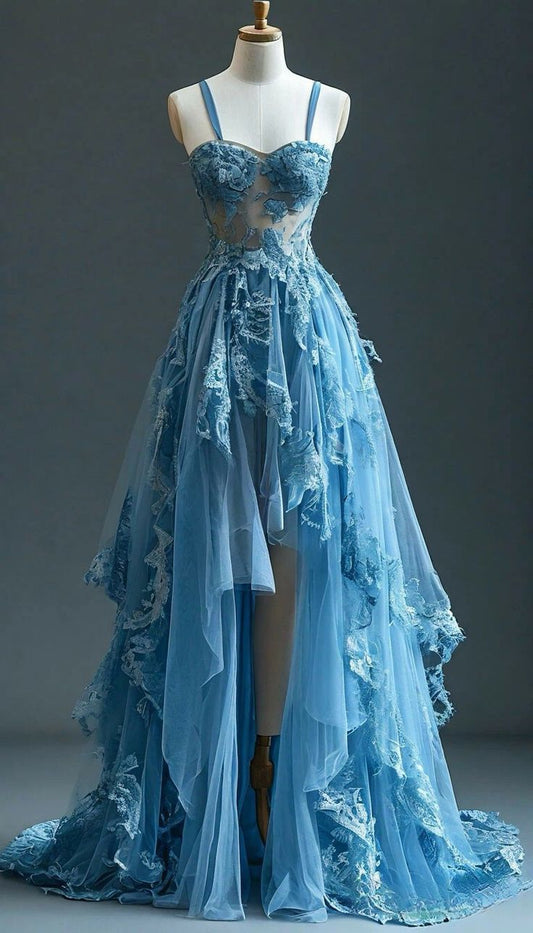 Stunning A Line Spaghetti Strap Blue Appliques Tulle Prom Dress Evening Dress DP1945