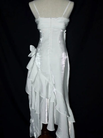 White Vintage Floral Spaghetti Strap Satin Prom Dress Asymmetrical Hem Prom Gown DP2033