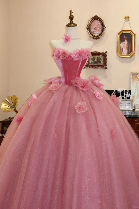 Floral A Line Sweetheart Neck Pink Velvet Tulle Prom Dress Evening Dress DP2813