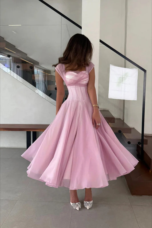 Princess Pink A Line Straps Tulle Chiffon Prom Dress Party Evening Dress DP5372