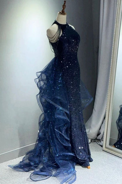 Navy Shiny Sequin Tulle Long Party Dress with Beaded, Navy Evening Party Dress DP1975