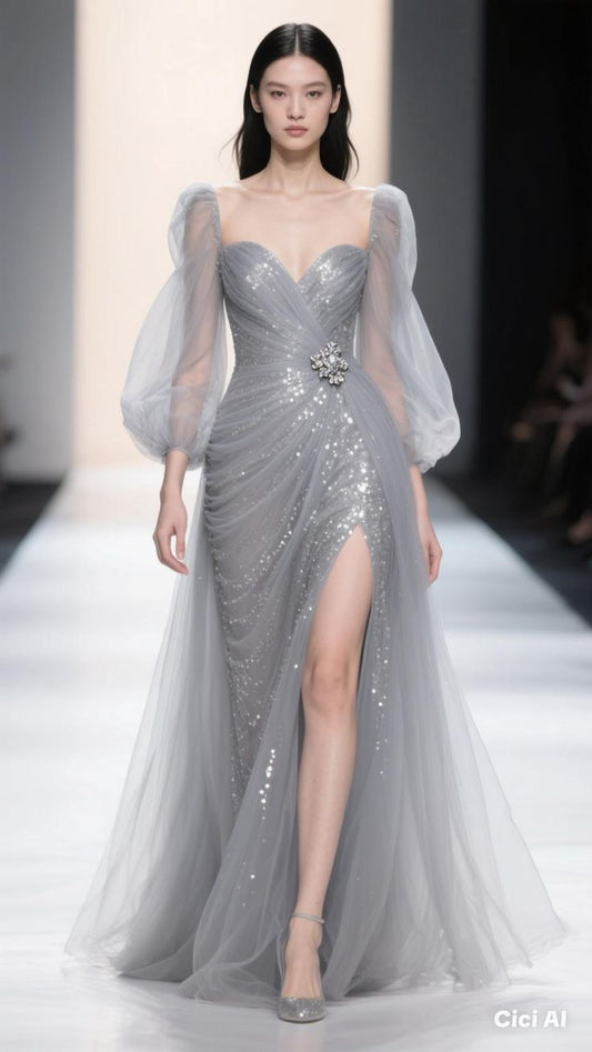 Grey Mermaid Long Sleeve Sequin Tulle Long Prom Dress Party Dress with Slit DP3749
