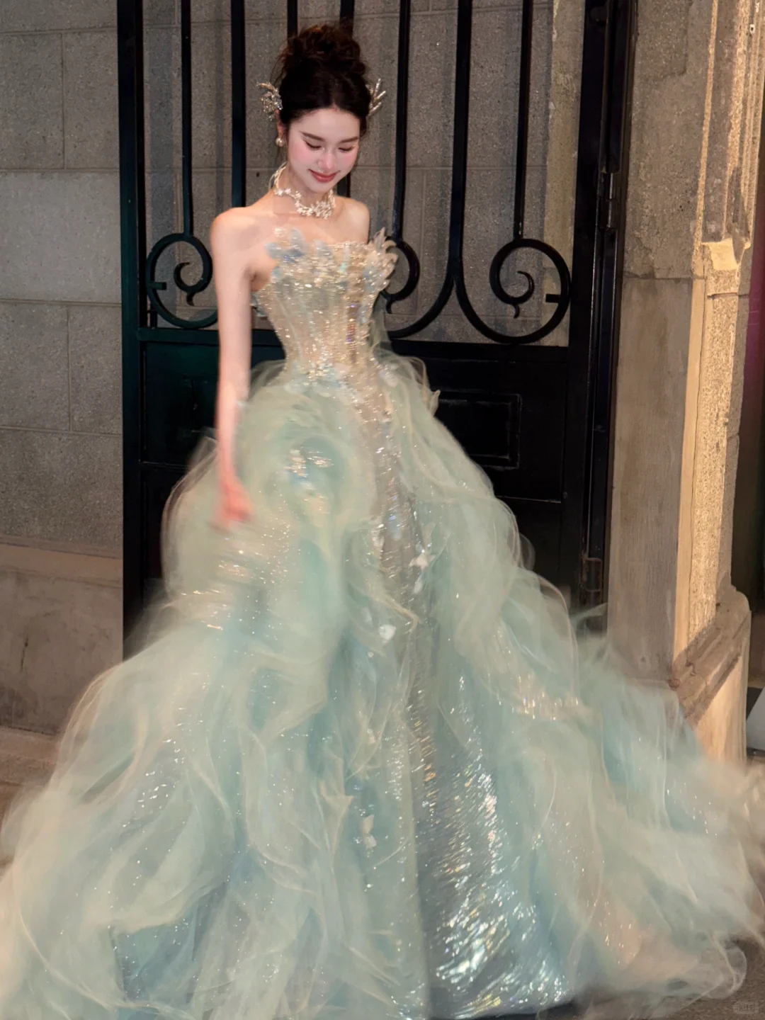 Elegant Ball Gown Strapless Beaded Butterfly Blue Organza Prom Dress 16th Birthday Dress DP4245