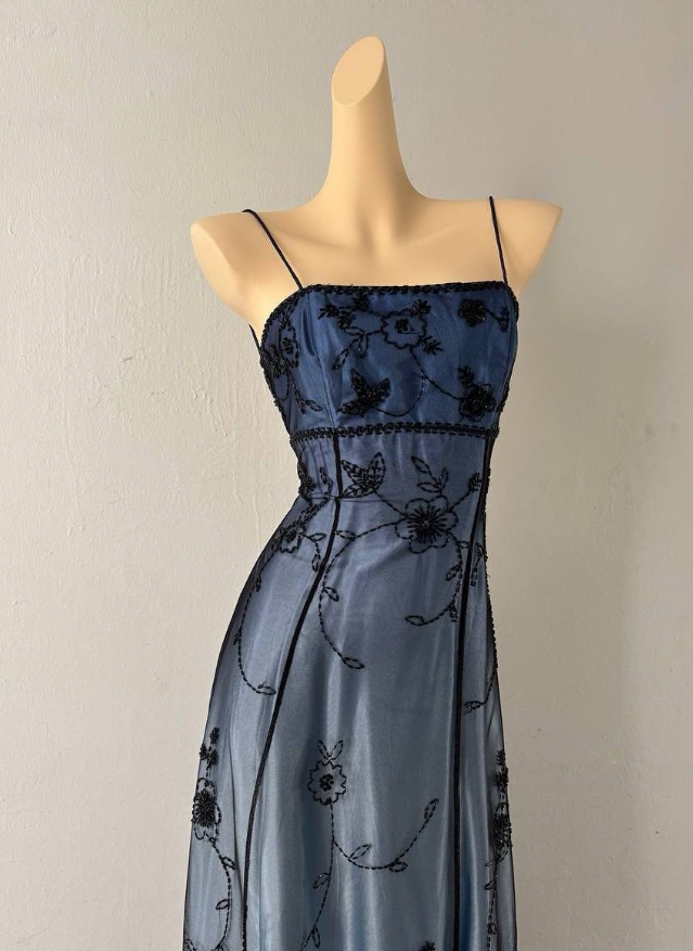 Vintage Blue Ombre A Line Spaghetti Straps Tulle Satin Prom Dress DP4830