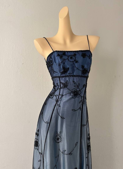 Vintage Blue Ombre A Line Spaghetti Straps Tulle Satin Prom Dress DP4830