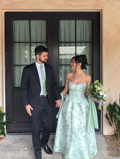 Sage Green A Line Strapless Print Floral Satin Long Bridesmaid Dress DP4966