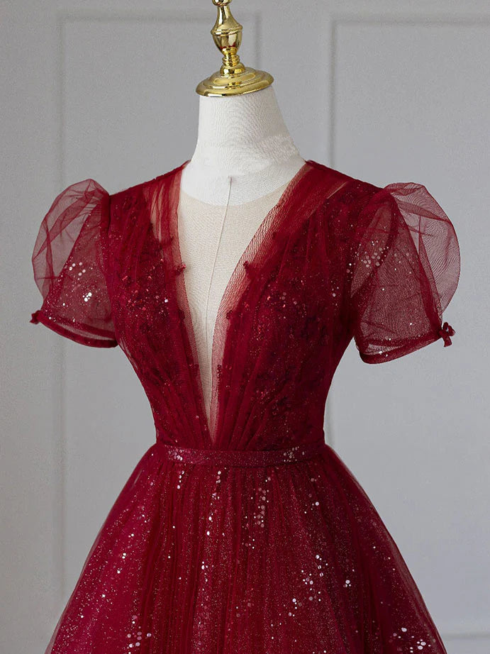 V Neck Sequin Burgundy Tulle Tea Length Prom Dress Evening Dress DP1042